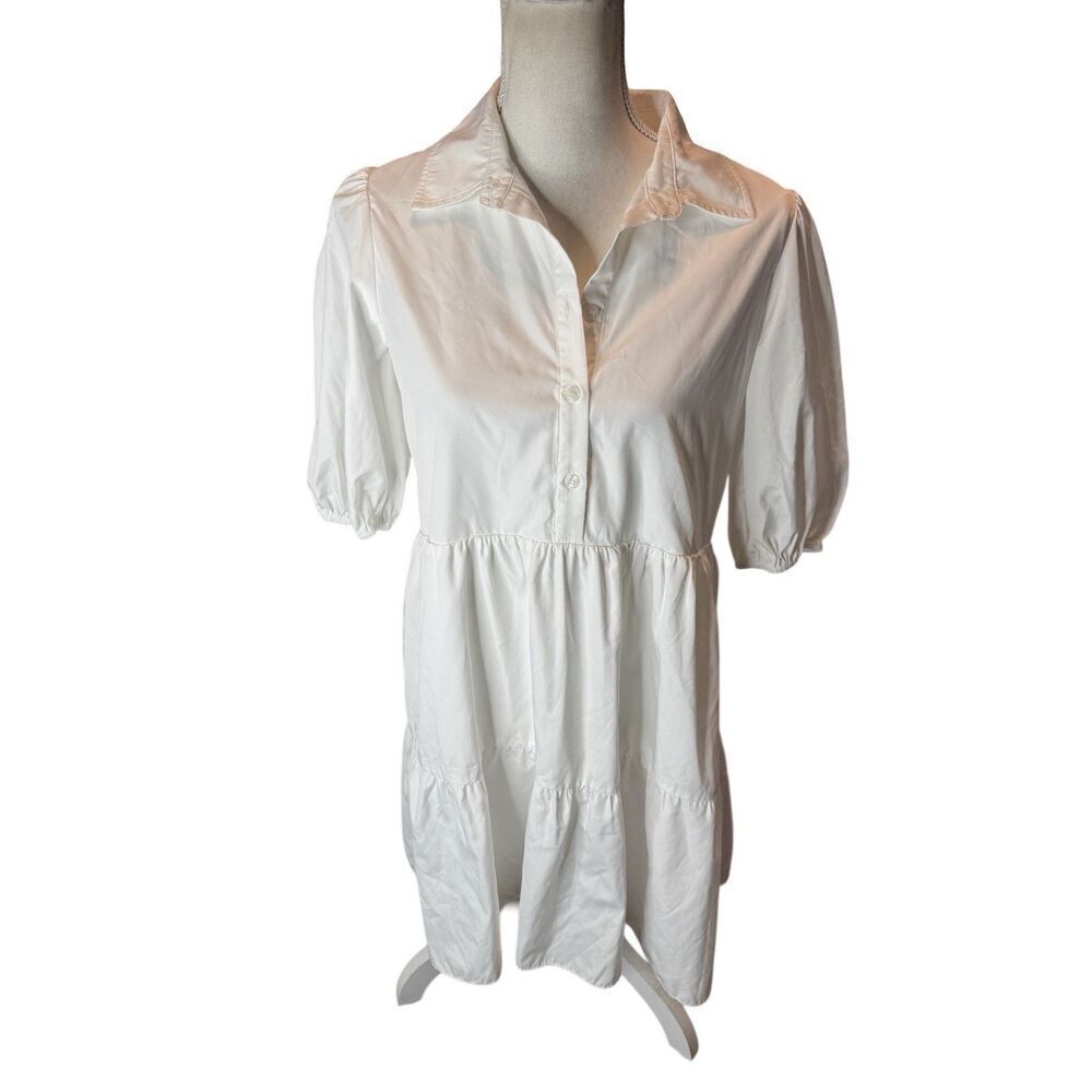 Amanda Uprichard Pierre White Dress Size Med Tiered Puff Sleeve Button Front
